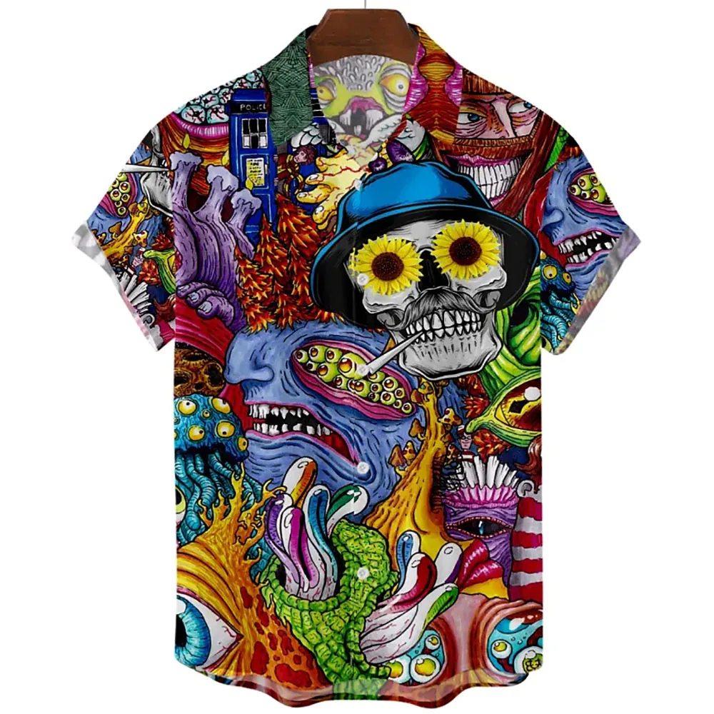 

Skull Print Hawaiian Shirts Seaside Holiday Shirt for Men Loose Breathable Oversized Short Sleeves Summer New Men's Clothing Top