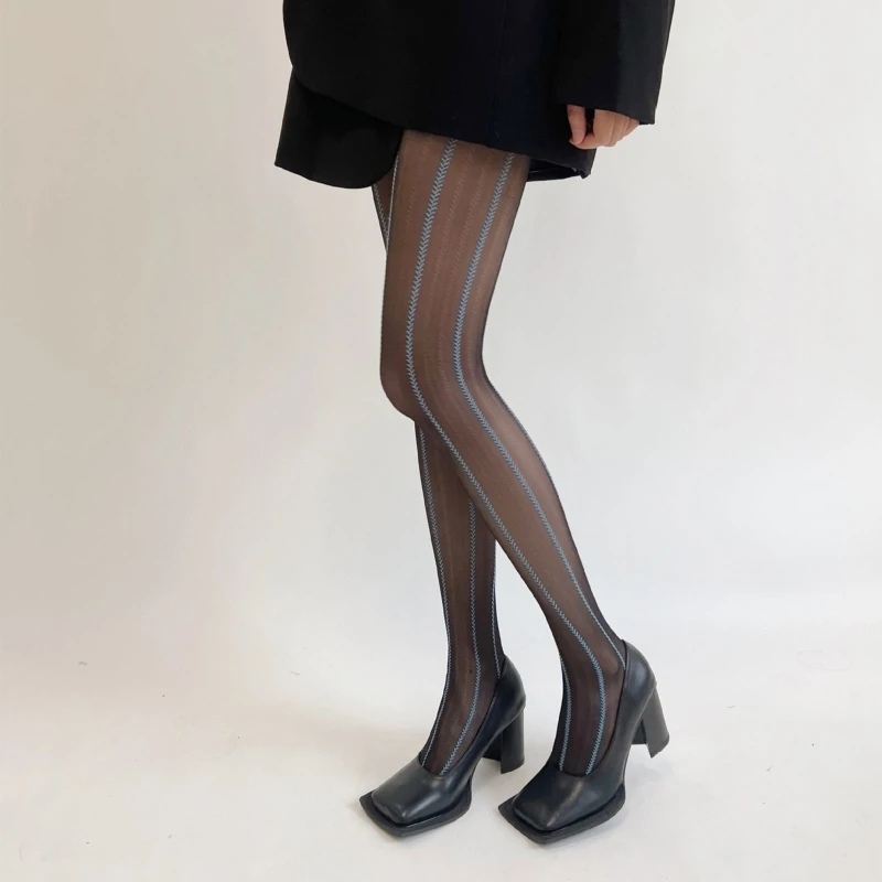 

H9ED Women Sexy Silky Pantyhose Colored Wheat Ear Vertical Striped Jacquard Tights