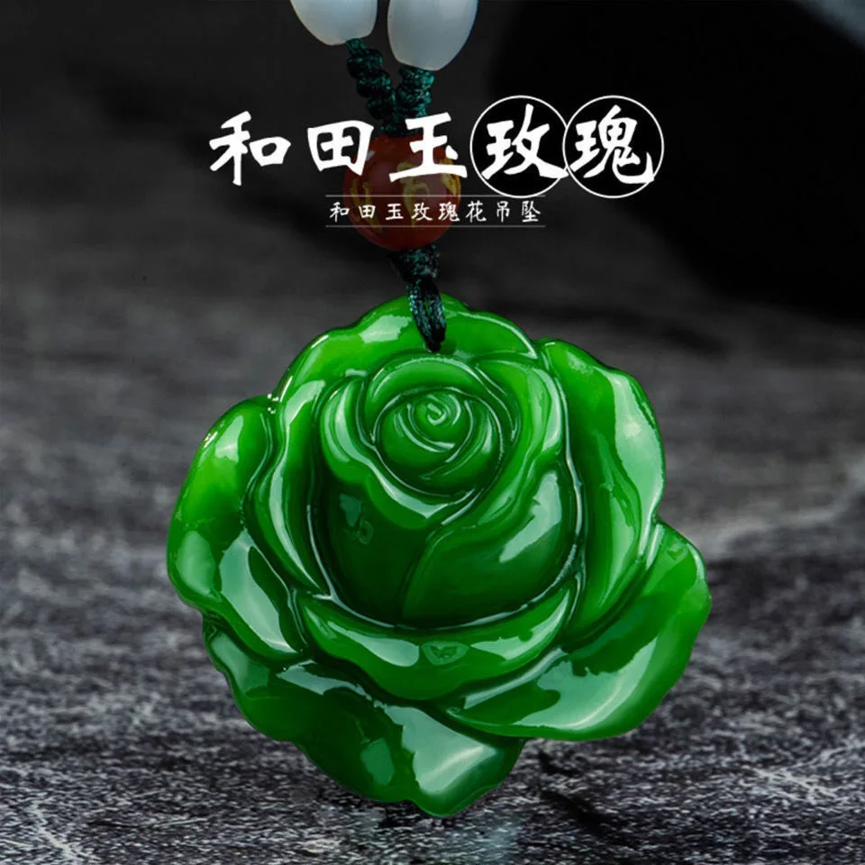 

Ожерелье с подвеской в виде натуральной зеленой Нефритовой розы, китайская подвеска ручной работы, ювелирные изделия из жадеита, модный аму...