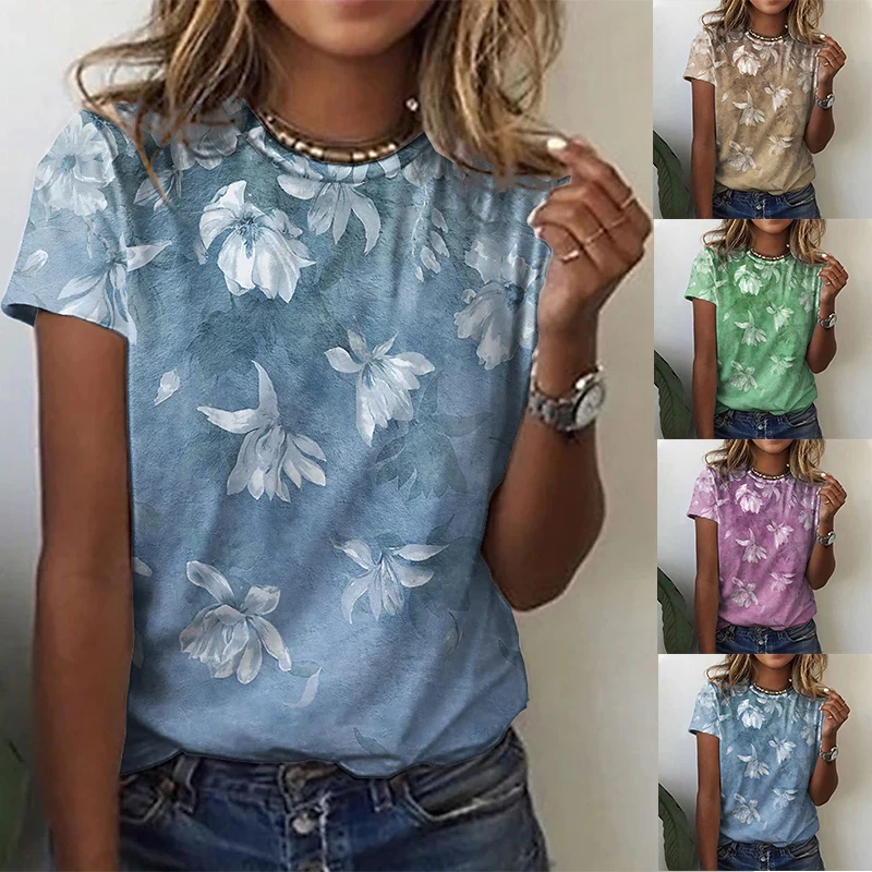 

Женский базовый топ с круглым вырезом, зеленый, синий, розовый, Женский Топ с коротким рукавом и цветочным принтом в стиле ретро