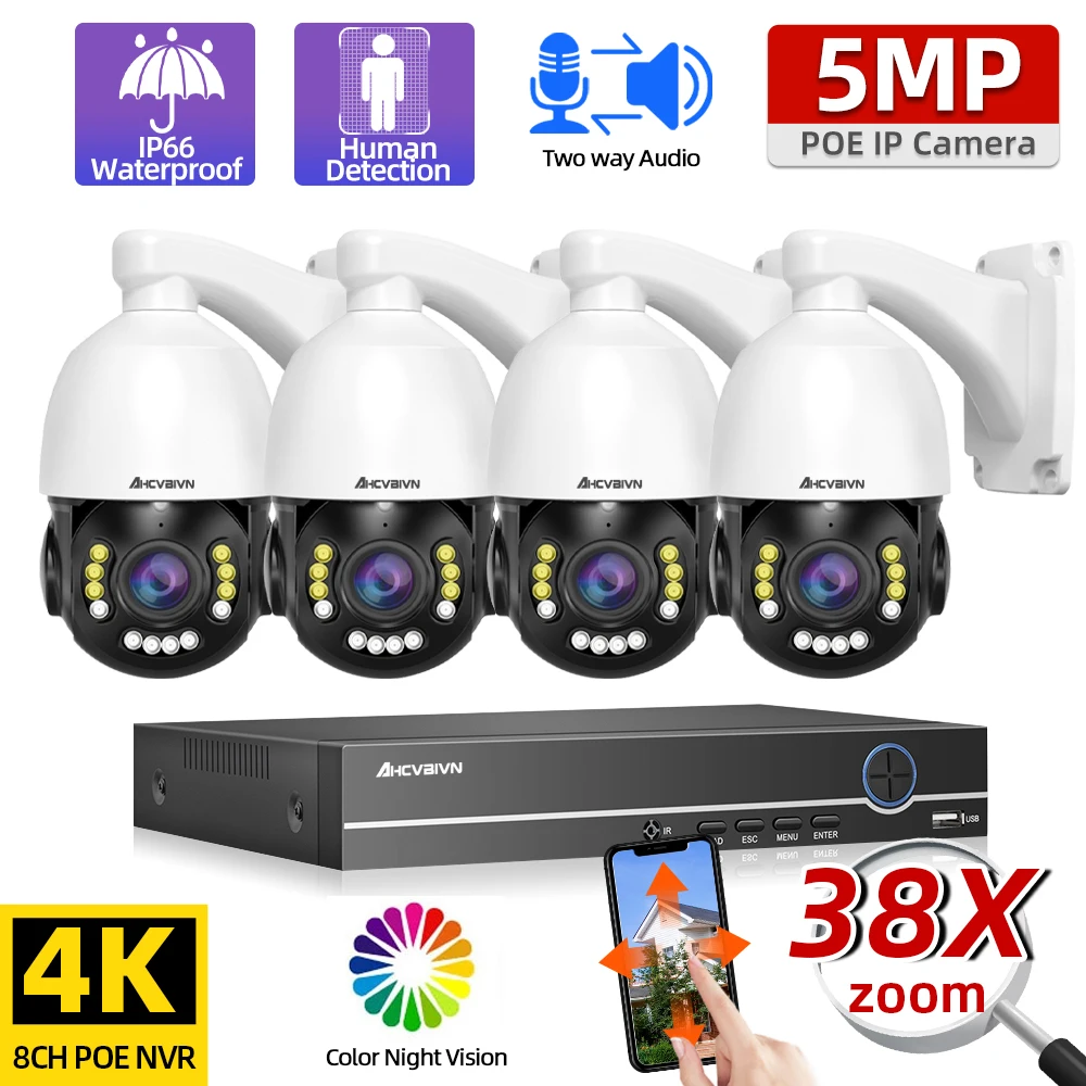 

4K 8CH NVR 5MP Color Night Vision CCTV PTZ Camera System 38X Zoom Auto Tracking IP Dome Camera Security Surveillance System Set