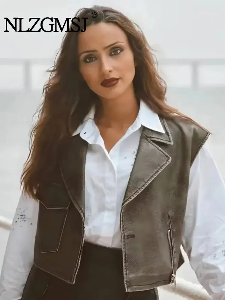 Женский весенний короткий жилет Nlzgmsj TRAF 2024 однотонный с отложным воротником без