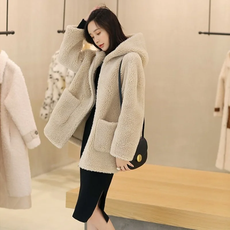 2022 Autumn Winter Lamb Fur Coat Women Casual Thick Warm Plush Wool Jacket Coat Female Loose Soft Hooded Cardigan Outerwear E739