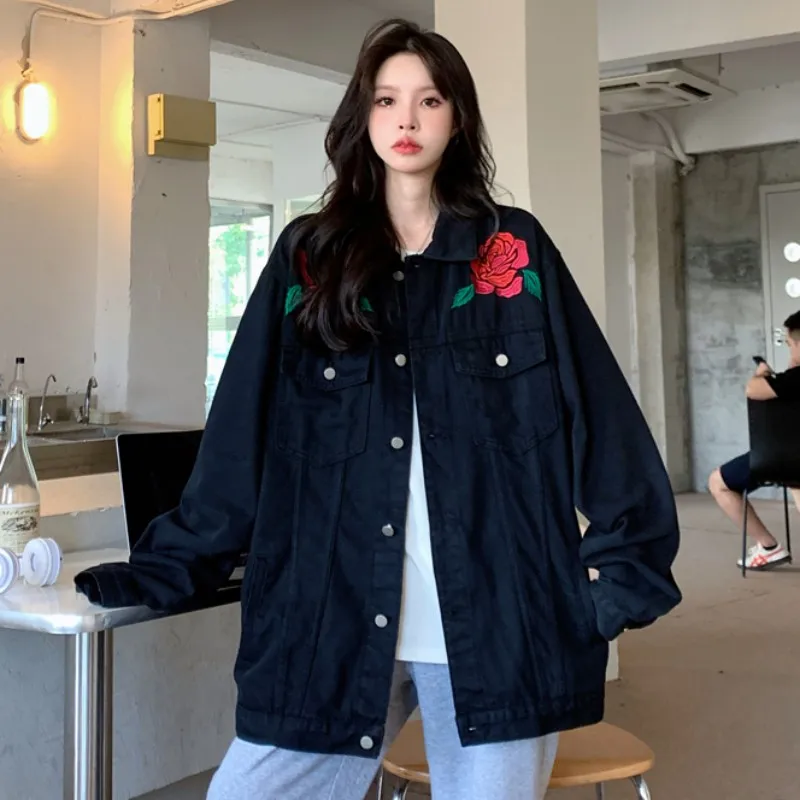 

Женское однобортное пальто с вышивкой, свободное однобортное пальто с карманами и отложным воротником, с надписью «Роза», осень 2023