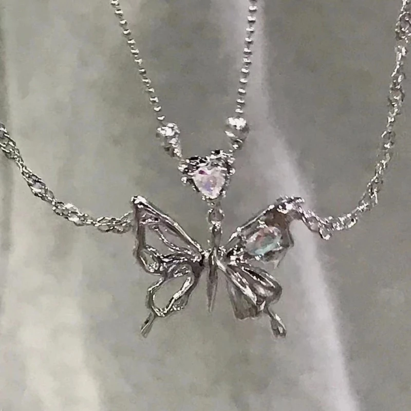 

Y2K Crystal Butterfly Pendant Necklace Women Light Luxury Egirl Punk Heart Grunge Clavicle Chain Fashion Jewelry Party Gift 2023