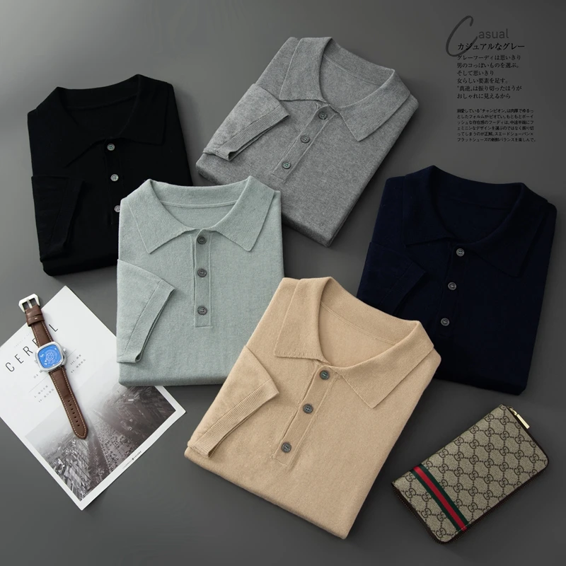 

Short-sleeved POLO shirt men's summer thin mulberry silk knitted bottoming cashmere sweater lapel ice silk half-sleeve T-shirt