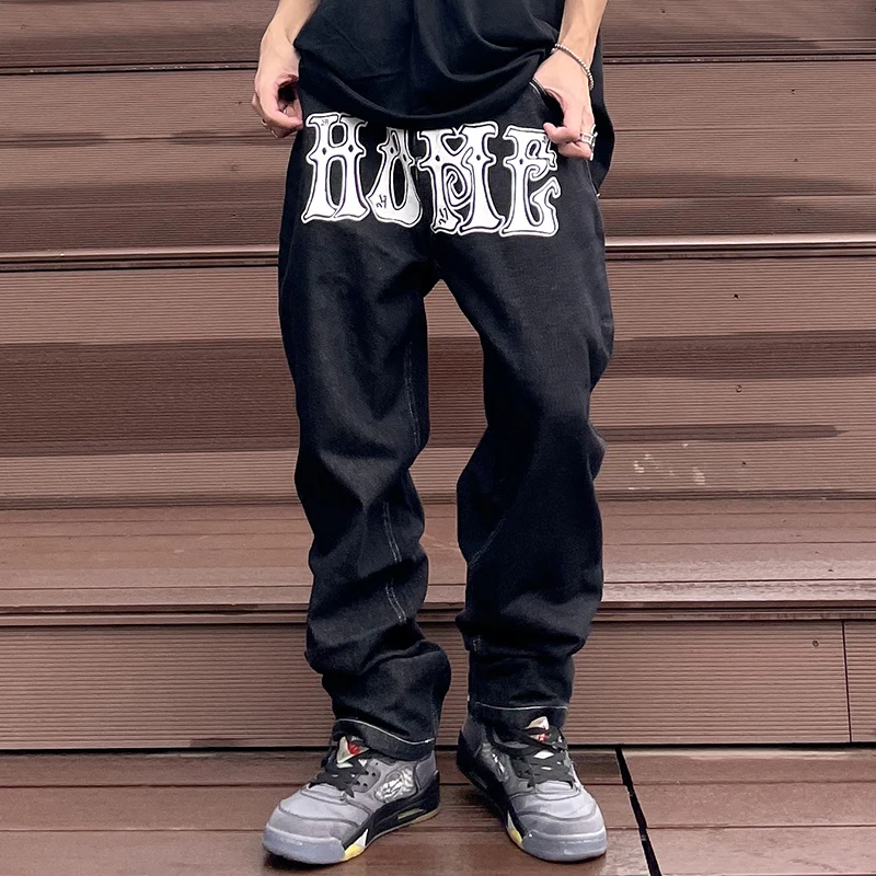 

Hole Ripped Letter Patchwork Streetwear Mens Jeans Pants Oversized Vibe Style Straight Black Distressed Casual Denim Trousers