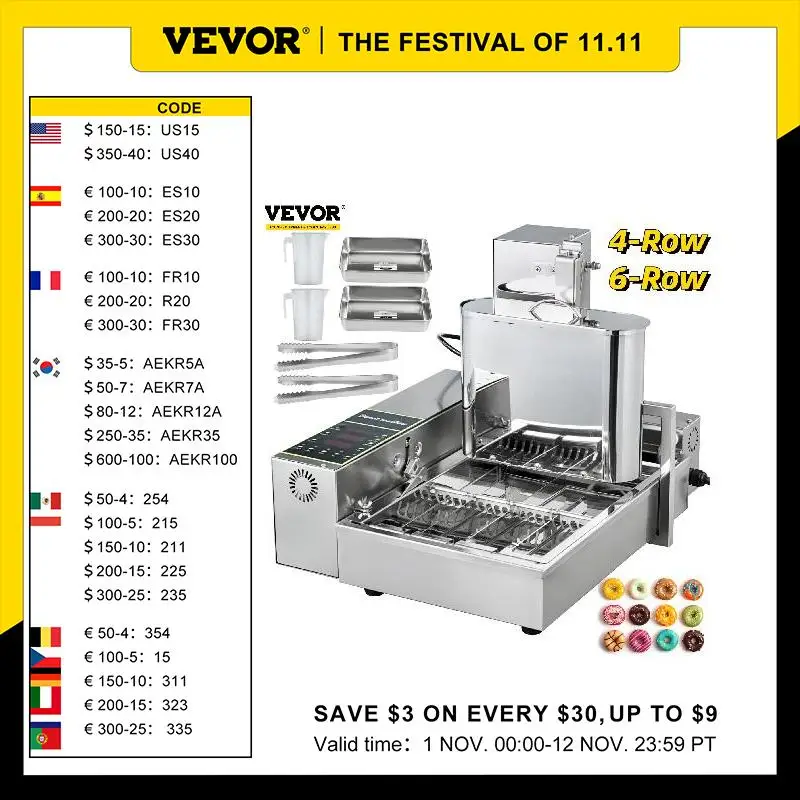 

VEVOR Commercial 4/6 Rows Automatic Donut Making Machine Stainless Steel Auto Doughnut Maker Fryer Cooking Kitchen Appliances