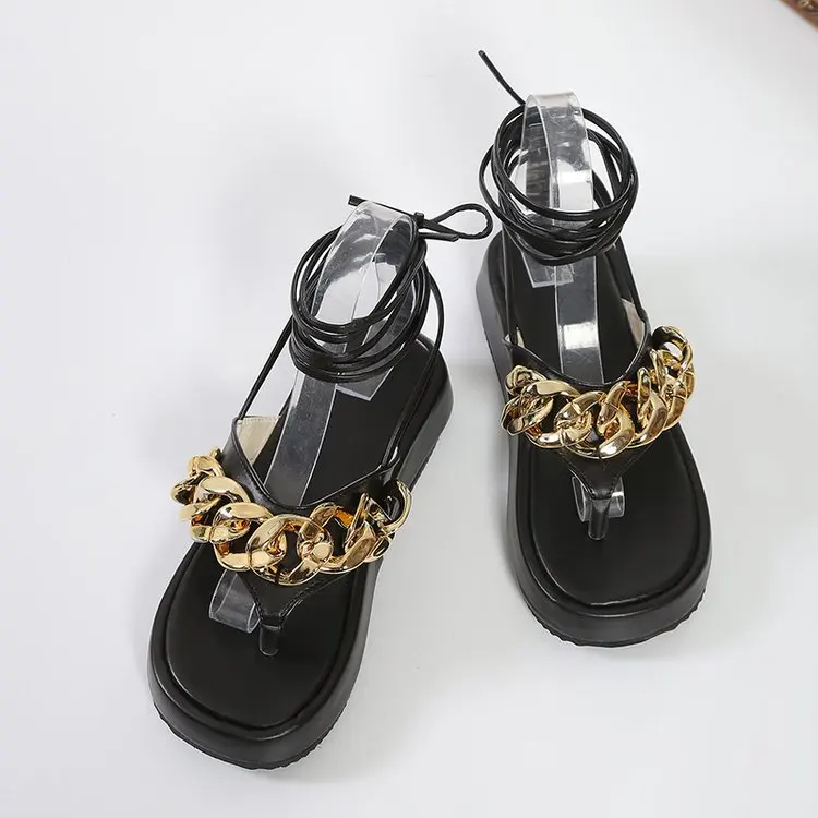 

Women's Summer Shoes 2022 Platform Flip-Flops Metal Chain Anklet Lace-Up Sandals Women's Plus Size Sandals Beach Slippers