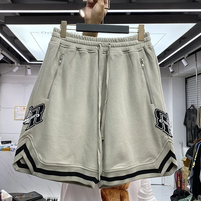 

2023ss Vintage Color Blocking Mesh Breathable Casual R Letter Embroidery Drawcord Loose Men's And Women's Sports Shorts