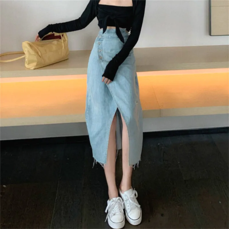 

Long Denim Skirt Women Streetwear Irregular Split Skirt Harajuku Cool Casual A-Line Y2k Skirt Women Korean Style 2020 Autumn New