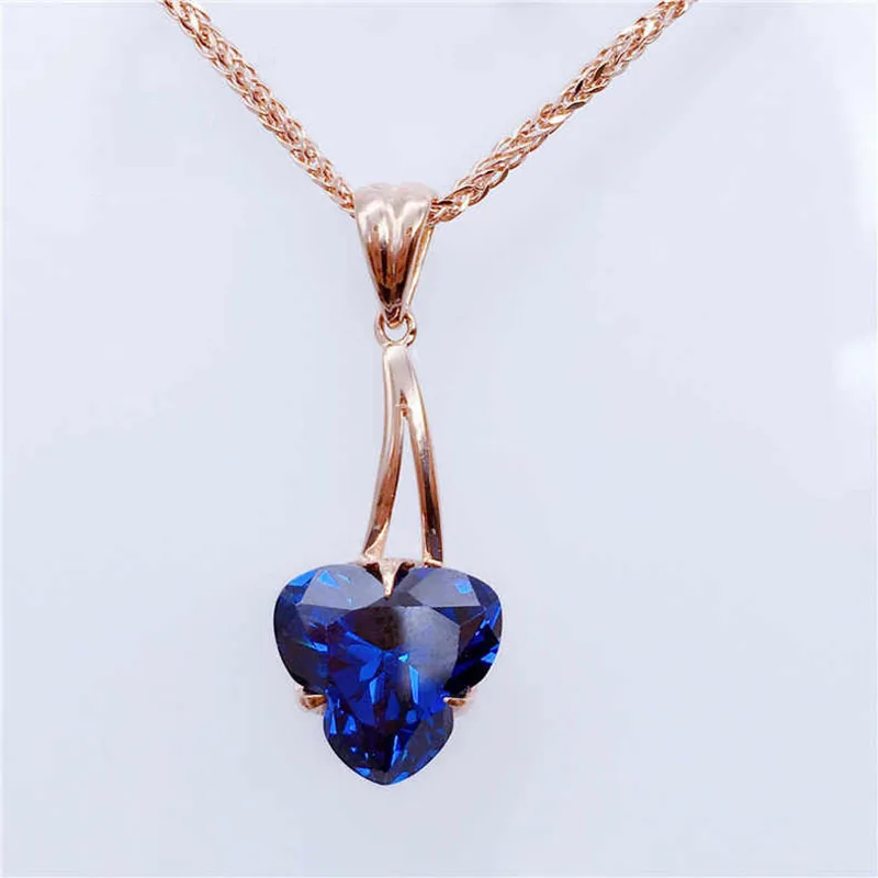 

Russia 585 purple gold necklace inlaid with blue stone bling pendant Women's fashionable and foreign style 18K rose gold plating