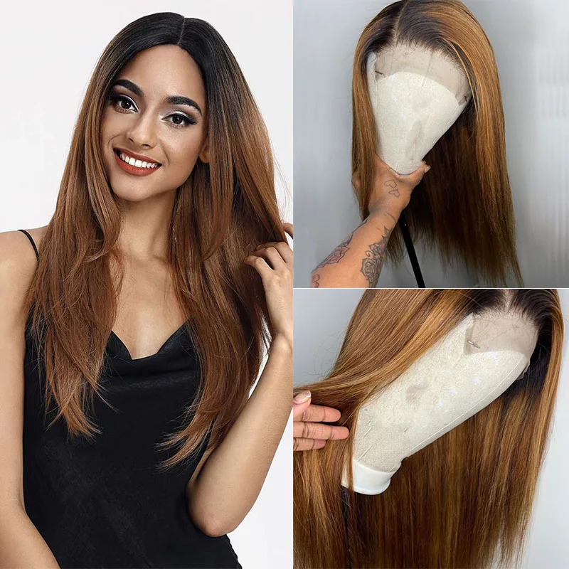 

Soft Ombre Honey Blonde Brown 26” Long 180 Density Straight Lace Front Wig For Black Women Preplucked Glueless Babyhair Daliy