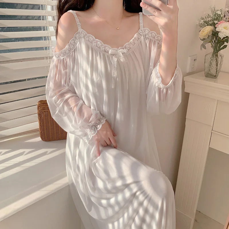 Long Night Dress Women Lace Mesh Sexy Strap Sleepwear Nightgowns Homewear Long Sleeve White Princess Sleepshirt Spring Nightwear