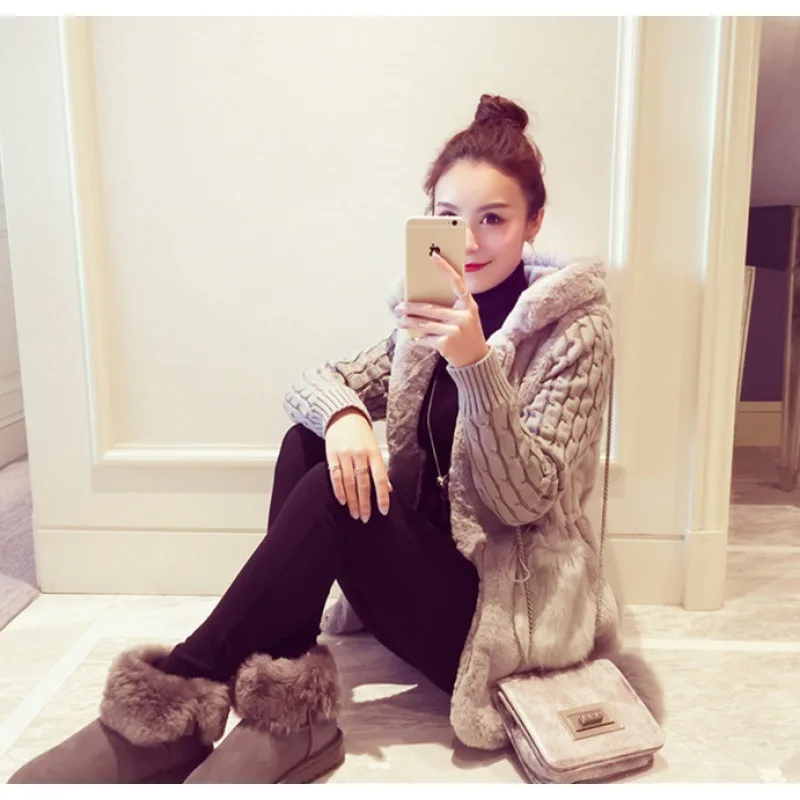2022 Autumn  Winter  Knitted Sweater Jacket Women Clothing, Vintage Fashion, Plush Fur, Thickened Hooded Coat, Female Coats