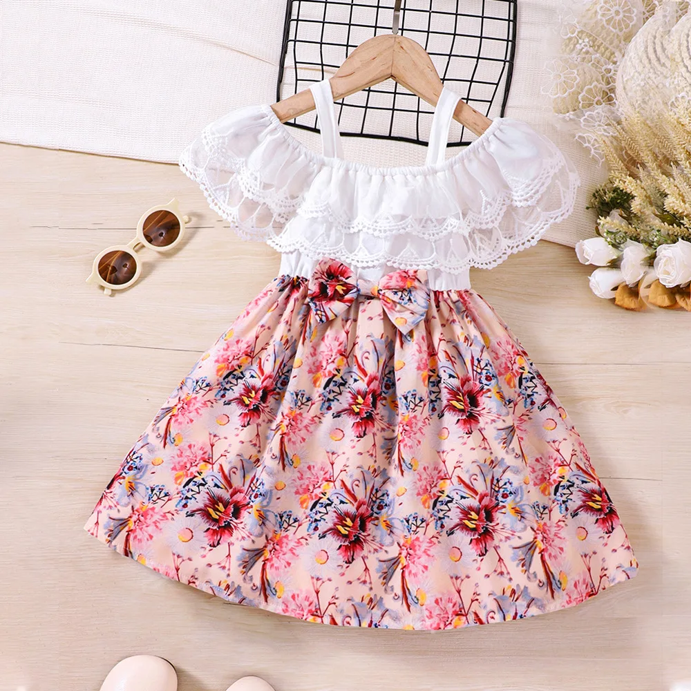 

Kids Casual Dress for Girls Summer 2023 New Toddler Ruffle Lace Floral Print Princess Strap Dress Fashion Children Clothing 1-8Y