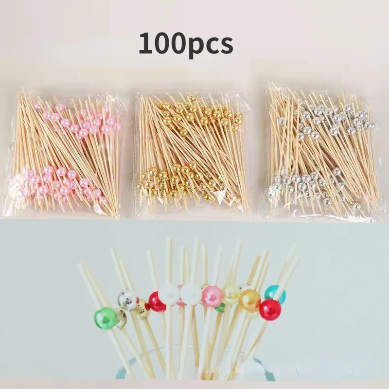 

100 шт., золотые разноцветные жемчужные палочки для фруктов