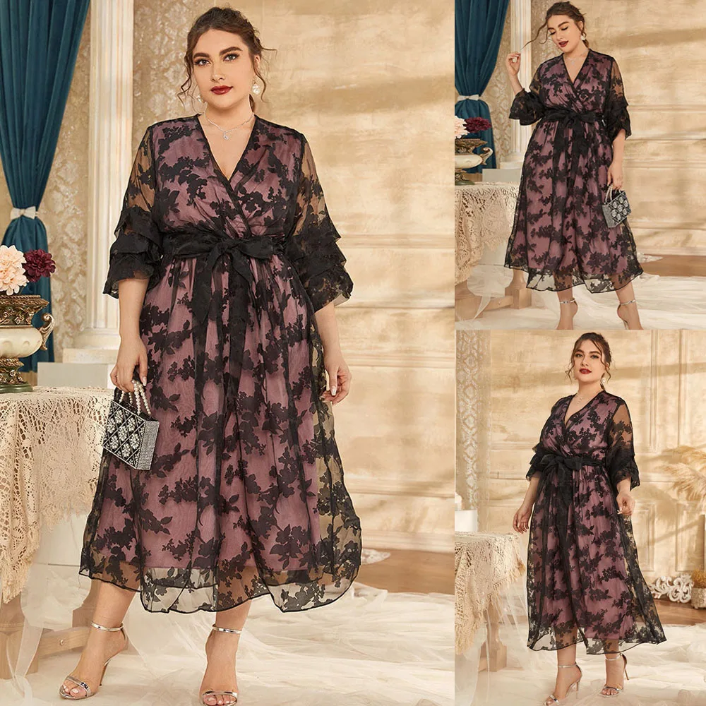 

Plus Size 5XL Women Maxi Dress Dubia Abaya Turkey Kaftan Black Lace Mesh Evening Dresses African Muslim Party Gown Robe Islamic