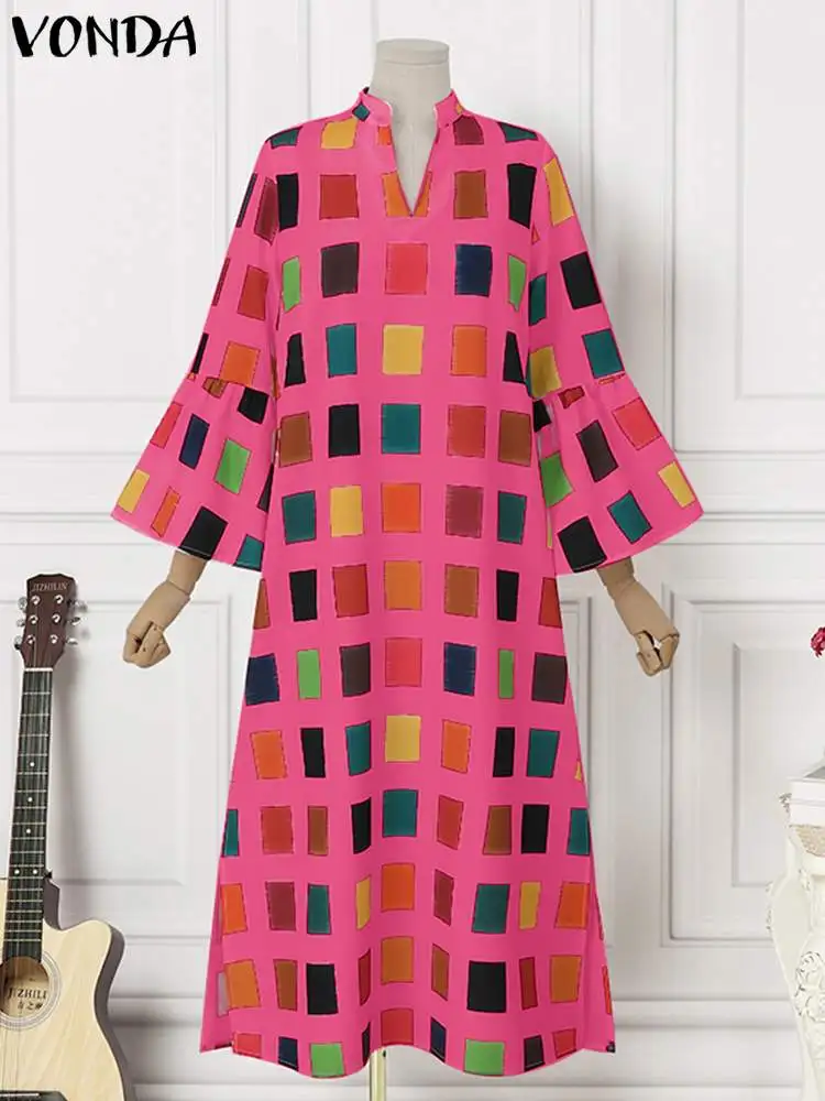 Plus Size 5XL Bohemian Midi Dress 2023 VONDA Women Plaid Printed Vestido Flare Sleeve Elegant Party Evening Sundress Casual Robe