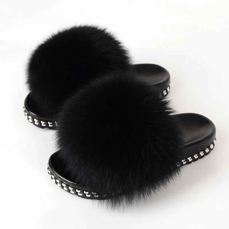 Fur Slides For Women Furry Slippers House Summer Fox Fur Sandals Ladies Luxury Fashion Female Home Shoes With Fur New Arrival