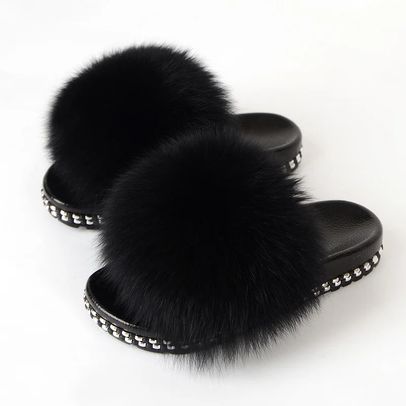 

Fur Slides For Women Furry Slippers House Summer Fox Fur Sandals Ladies Luxury Fashion Female Home Shoes With Fur New Arrival