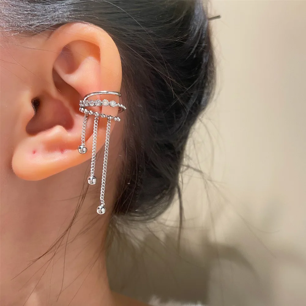 

Shiny Copper Crystal Tassel Non-Piercing Cuff Ear Clip Earring For Women Rhinestone Star Fake Cartilage Piercing Jewelry