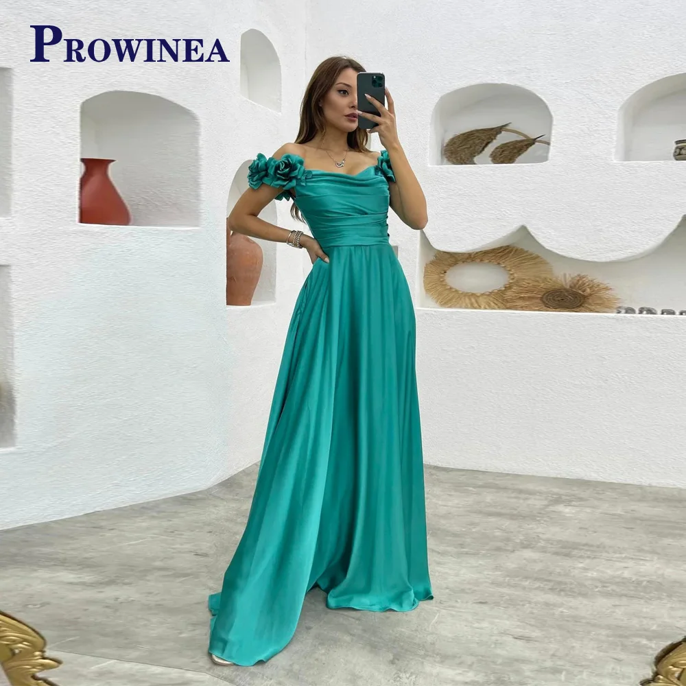 

Prowinea Modern A Line Formal Party Dresses For Women Satin Off the Shoulder Zipper Sweep Train Robes De Soirée Custom Made