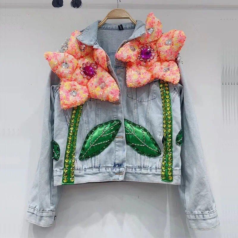 

New Autumn Fashion Sequin Beading Flowers Denim Jacket Women Outerwear Casual Loose Diamond Short Jeans Jacket Female Streetwear