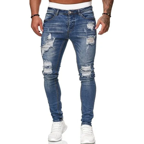 Men Stretchy Ripped Skinny Biker Embroidery Cartoon Print Jeans Destroyed Hole Slim Fit Denim High Quality Hip Hop Black Jeans