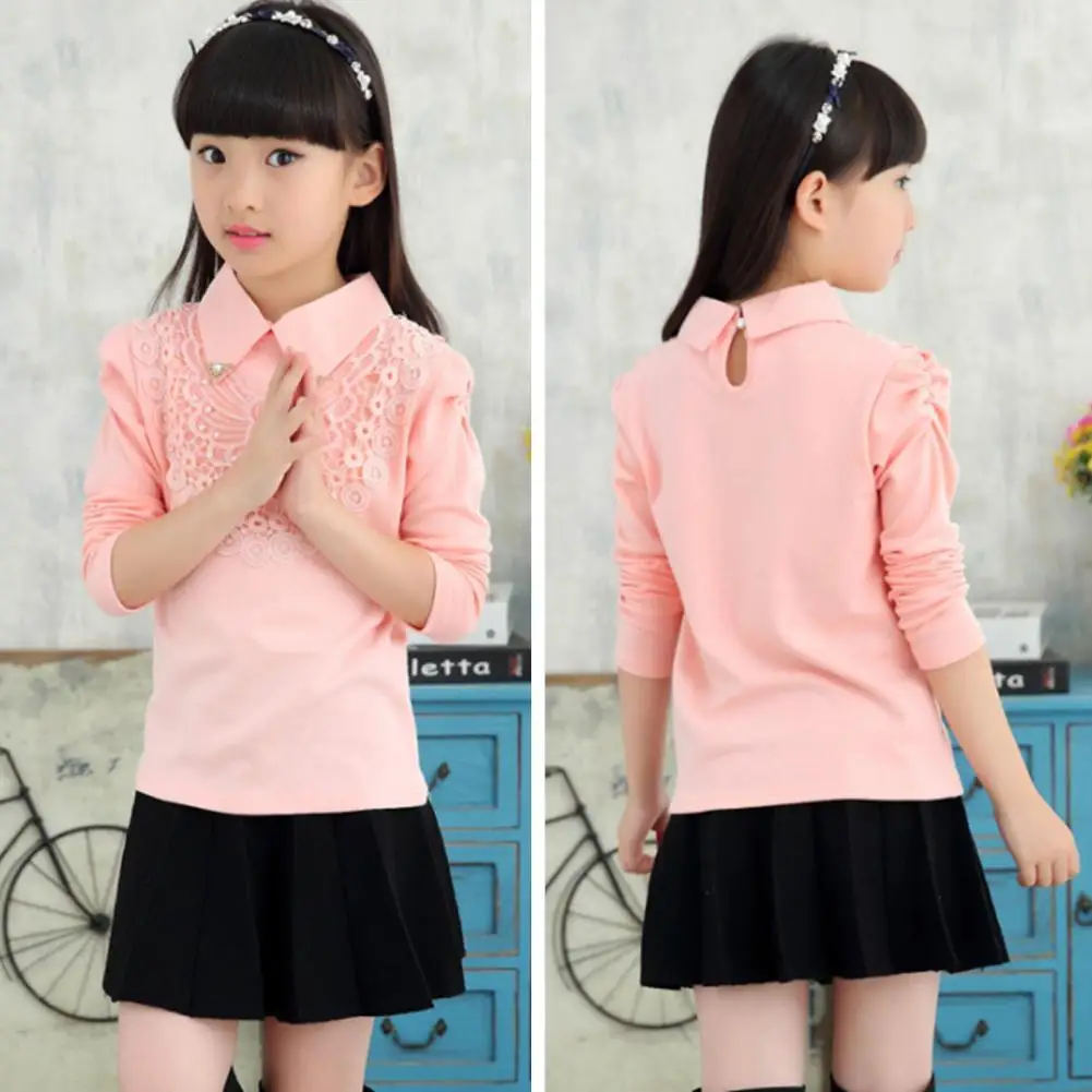 

Children Top Solid Color Friendly to Skin Lace Long Sleeve Lapel Little Girl Basic Top Little Girl Basic Top Clothing