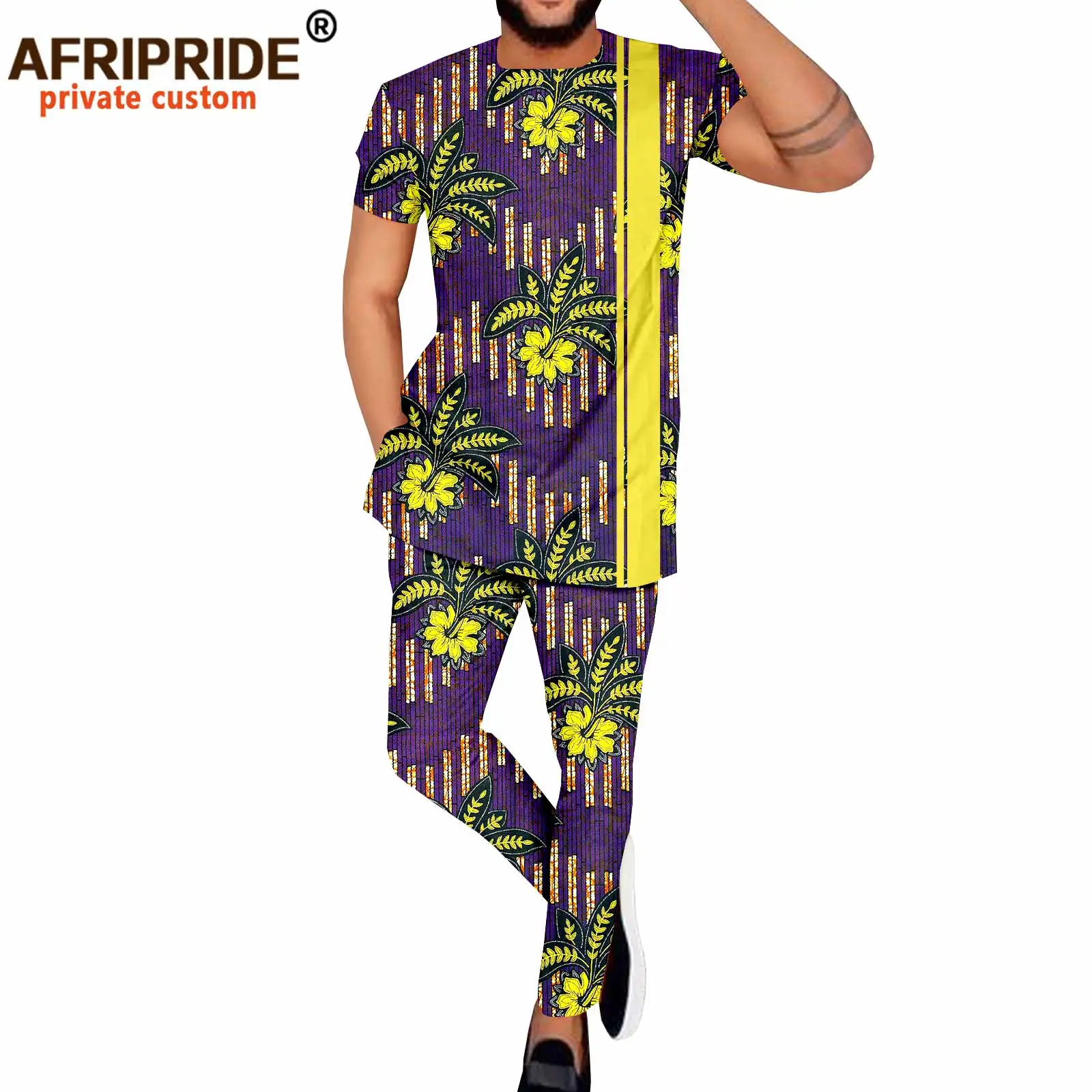 Dashiki African Men`s Clothing Fashion Tracksuit Short Sleeve Blouse and Trousers Match Print Set Dashiki Wax Attire A2116020