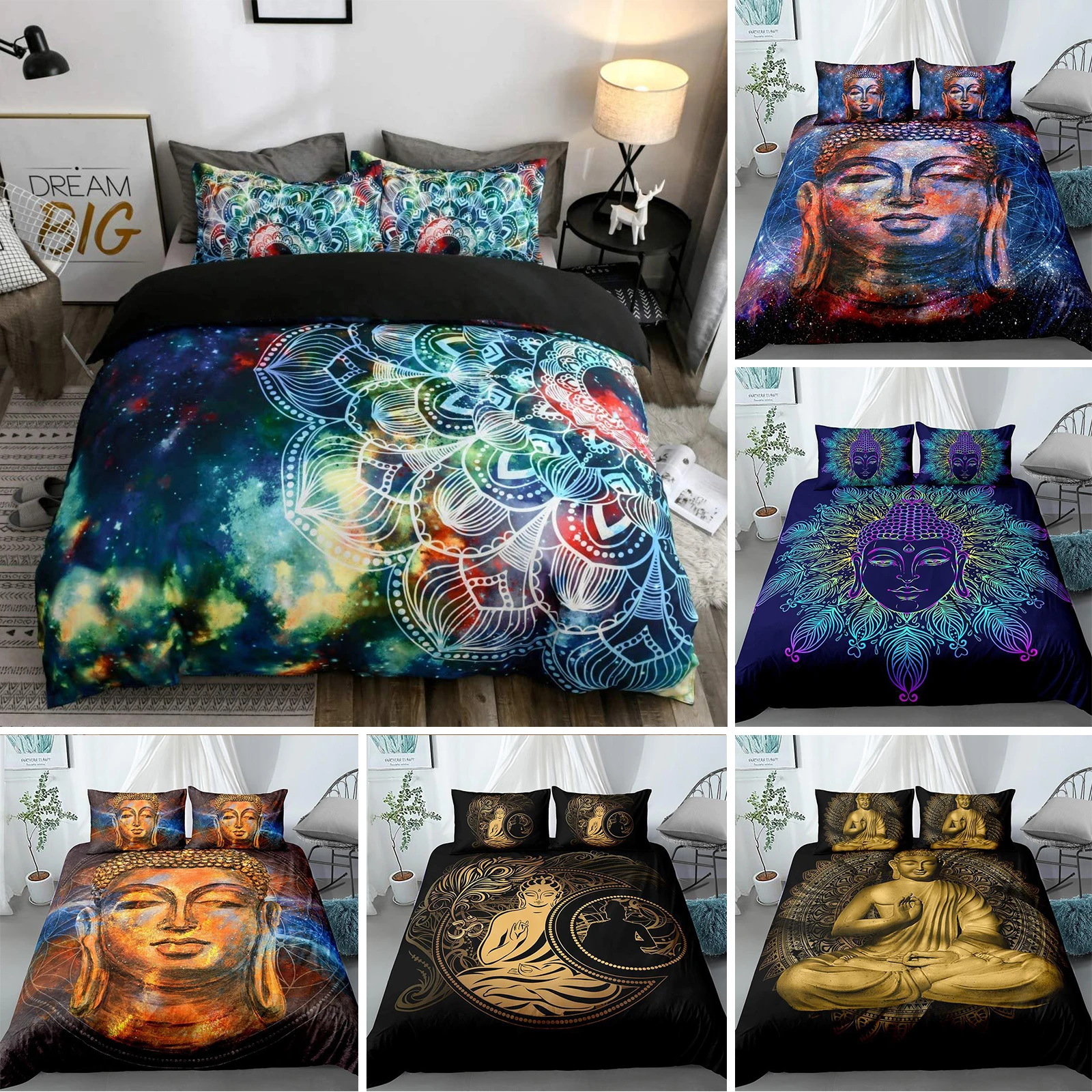 

Mandala Buddha Duvet Cover Set,Bohemian Bedding Set Golden Black Lotus Flowers Print Luxury Microfiber Polyester Comforter Cover
