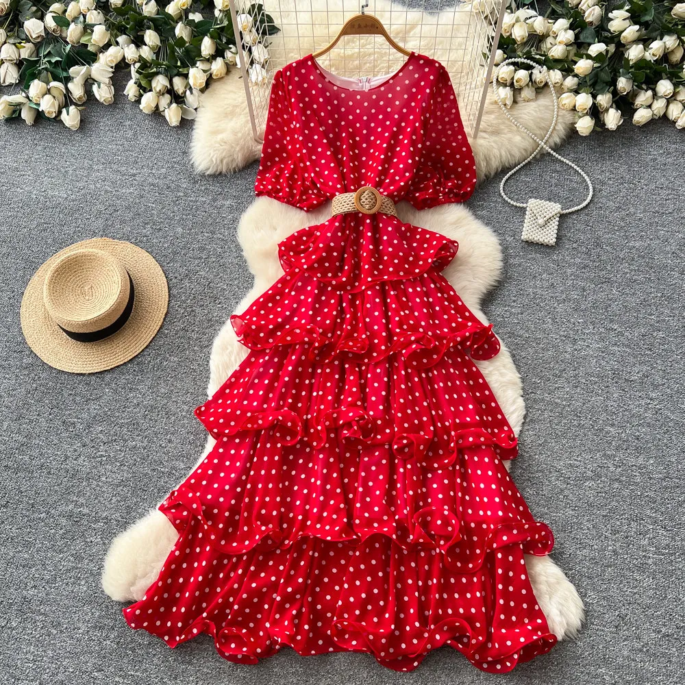 Фото Женское длинное платье Cake Dress, А-силуэт, Y2K, уличный стиль, с круглым вырезом, коротким рукавом, принтом в горошек, элегантное, для вечеринок, ночных мероприятий, работы, 2026 №4