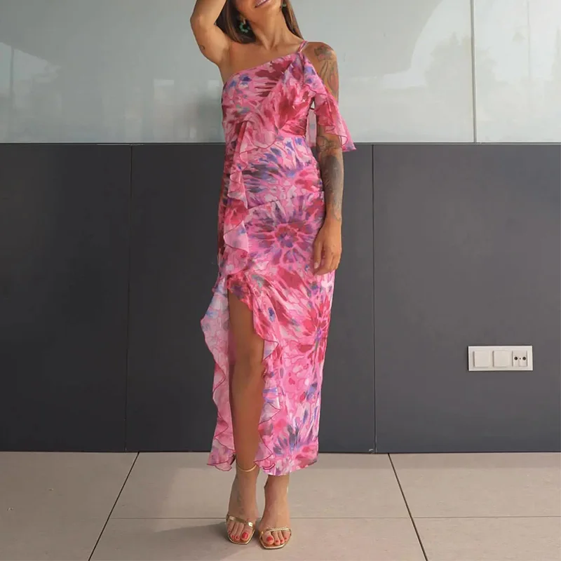 

Chic Print Ruffle Dress Women One Shoulder Split Dress Boho Beach Long Dress 2023 Summer