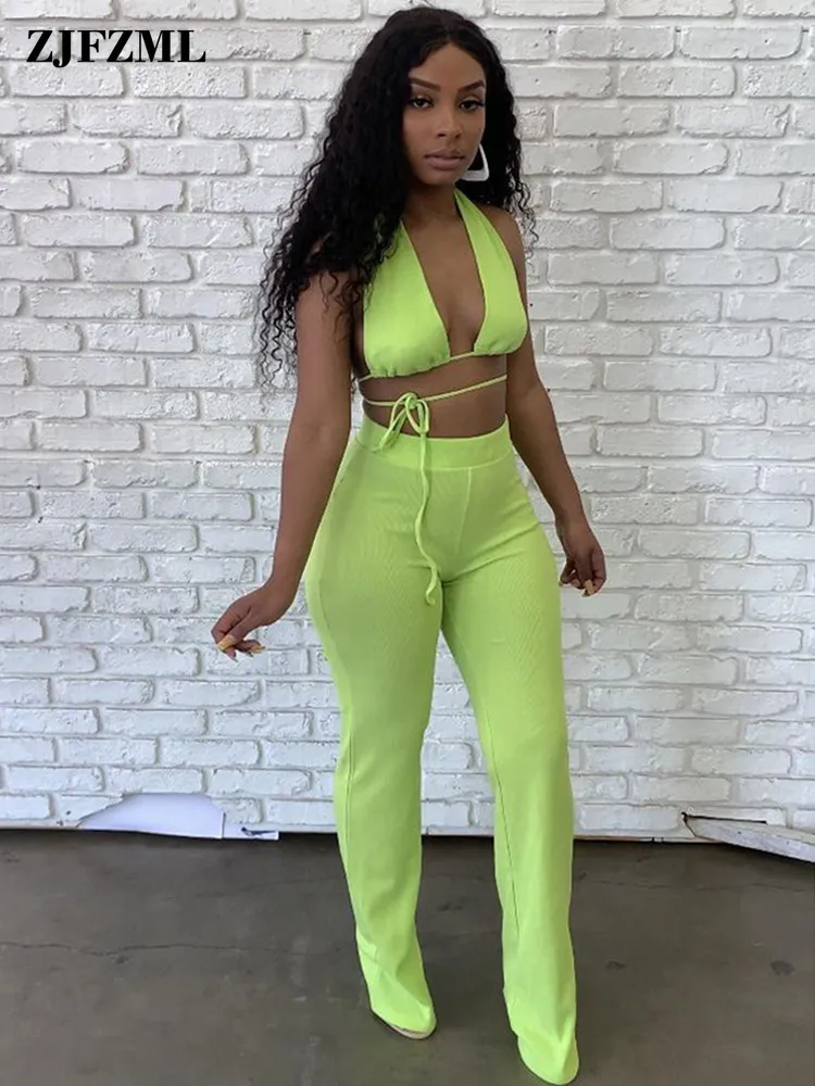 

Neon Color Adjusted Neck Backless Beachwear Crop Top and Empire Straight Trouser for Women Streetwear Summer Two Piece Outfits