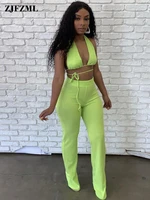 neon color adjusted neck backless beachwear crop top and empire straight trouser for women streetwear summer two piece outfits