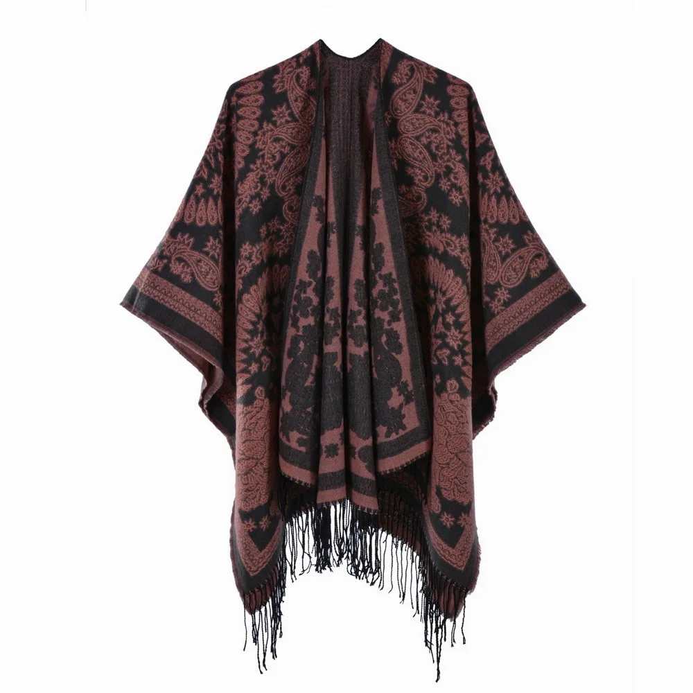 Autumn Winter Split Knitted Shawl Tassel Double Sided Split Women Imitation Cashmere  Poncho Lady Capes Pink Cloaks