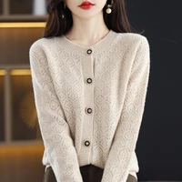 autumn winter new 100 pure wool sweater hollow womens fashion cardigan round neck casual knitted sweater coat korean style top