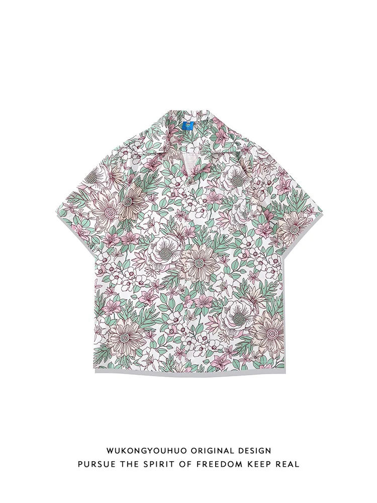 

Summer Retro Floral Full Printed Short-Sleeved Shirt Men's Fashion Brand Loose Couple Casual Beach Flower Shirt