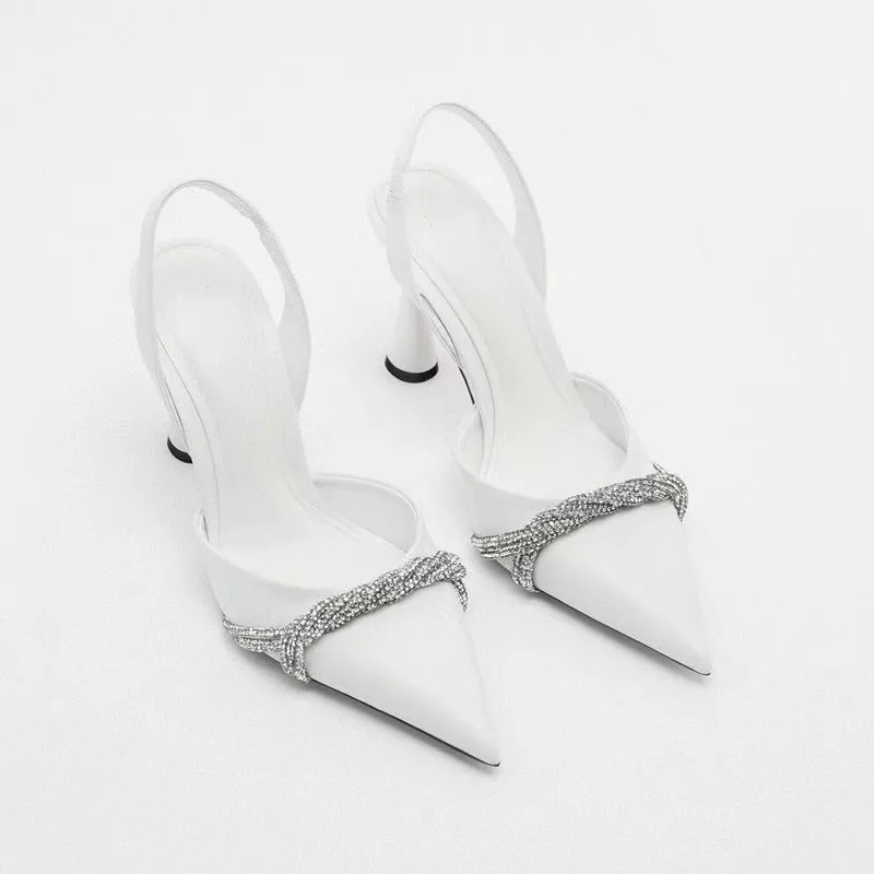 TRAF Women Rhinestone Heels Pumps Summer 2022 Elegant Pointe High Heels Sandals Luxury Brand Woman Heel Slingback Lady Shoes