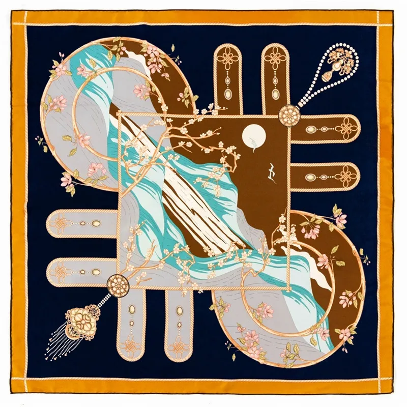 

90cm Square Scarf Women Luxury Landscape Design Foulards Twill Silk Scarves Wraps Hand Rolled Bandana Curled Head Scarves Hijab