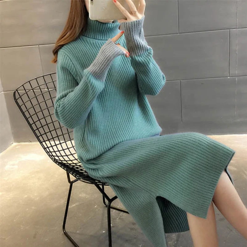 

2021 autumn and winter new high neck knee bottomed knitted dress women's medium and long sweater skirt fashion