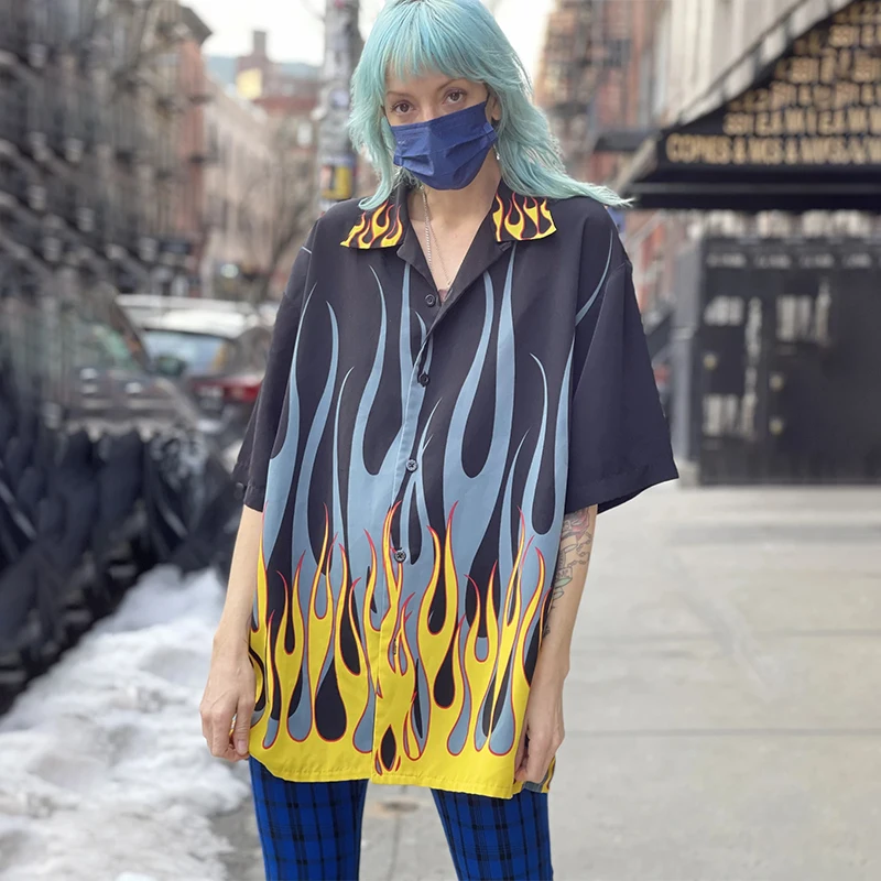 

Casual Flame Print Button Short Sleeve Women Blouse Shirt Turn Down Collar Patchwork Tops Spring Streetwear Fashion Clothes 2022