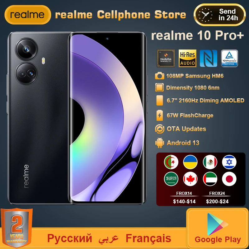  Realme 10 Pro Plus 5G Smartphone 6.7'' Curved Screen 2160Hz Dimensity 1080 108MP Triple Camera NFC 67W 5000mAh Battery 