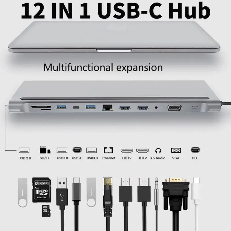 

USB-концентратор RYRA 12 в 1 с разъемами типа C и USB 3,0, 4K, RJ45, 3,5 мм