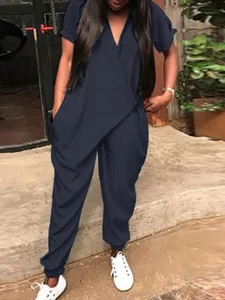 2022 ZANZEA модные летние комбинезоны, Женские однотонные Длинные Комбинезоны с V-образным вырезом, повседневные Свободные Комбинезоны с коротким рукавом, брюки-султанки, комбинезоны