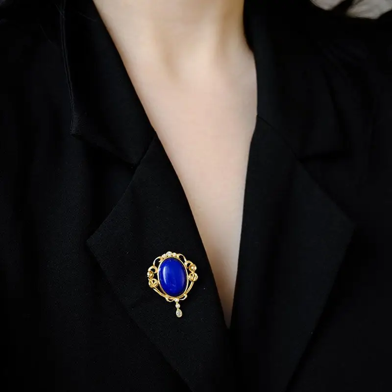 Женская Винтажная брошь с кулоном Классическая Брошь синим Лазуритом в