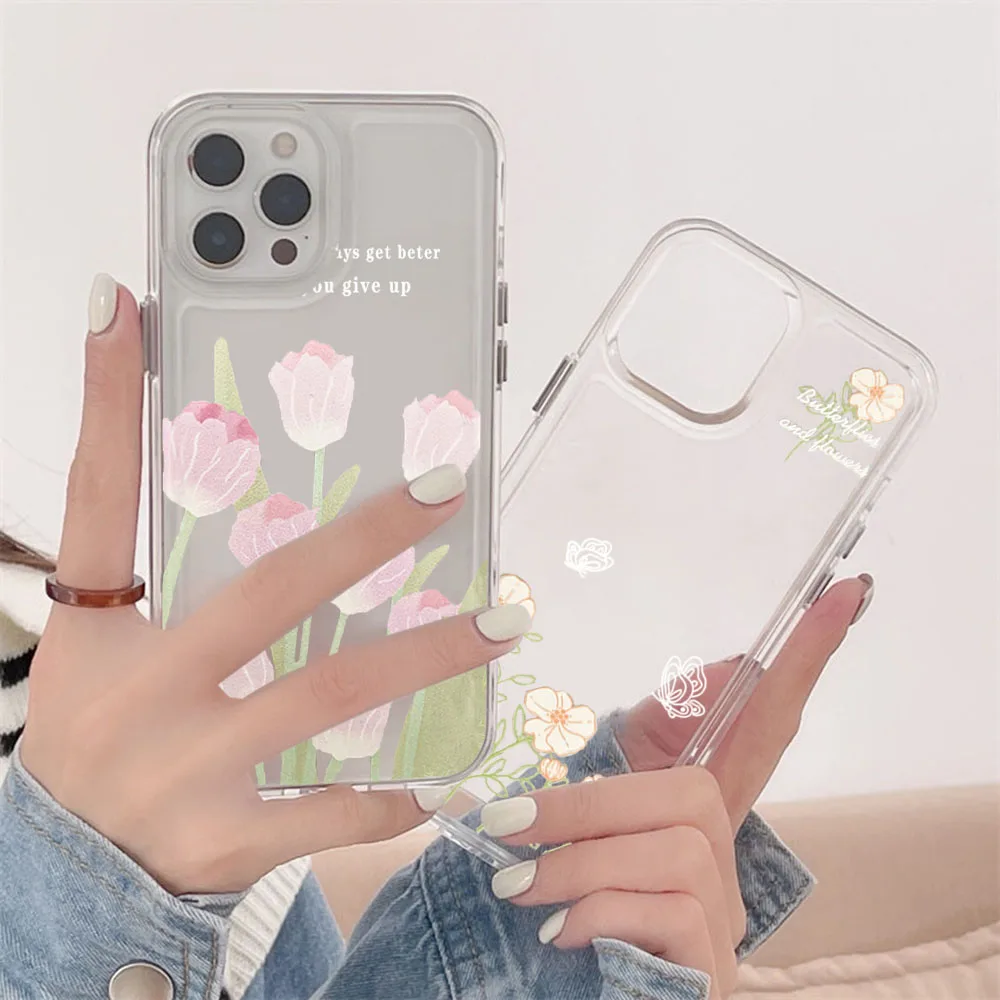 

Phone Case Transparent For iPhone 13 12 11 Mini Pro Max X XR XS 7 8 6 6s Plus SE Fashion Floral Quote Flower Shell