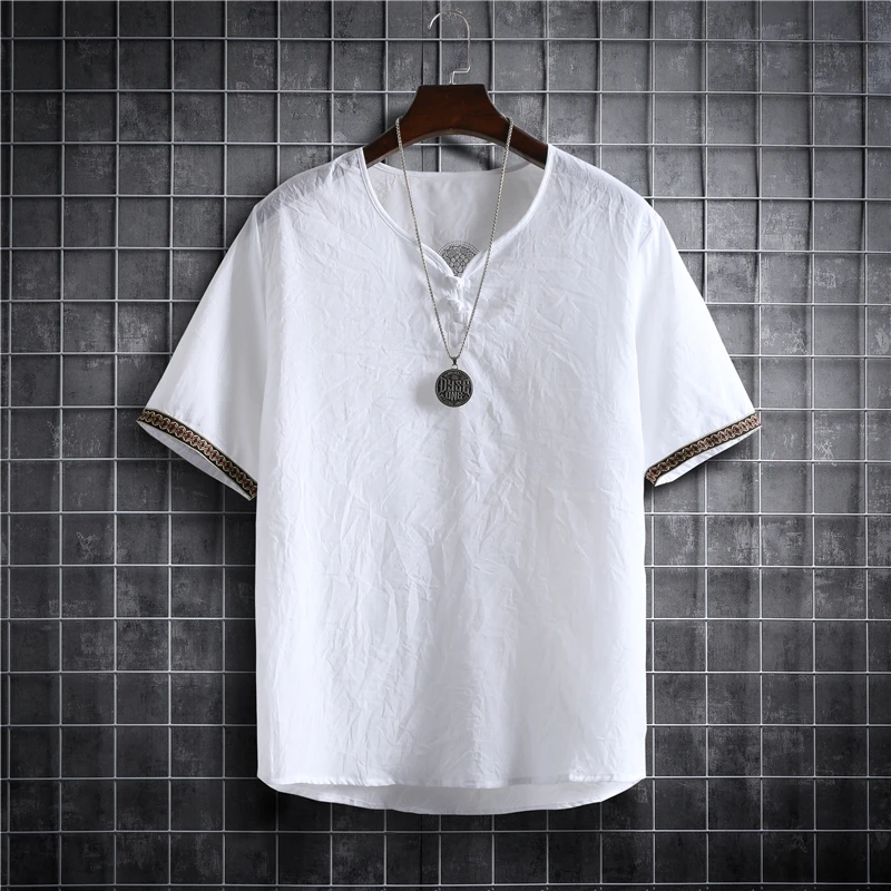 

Summer New Mens Oversized Vintage Short Sleeve T Shirts Harajuku Ethnic Print V Collared Linen Tshirts Camisetas Hombre Verano