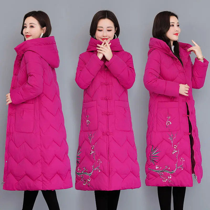 Woman Cotton Padded Long Winter Coat Female Casual Pocket Parkas Ladies High Street Collar Stylish Warm Overcoat Outerwear G149